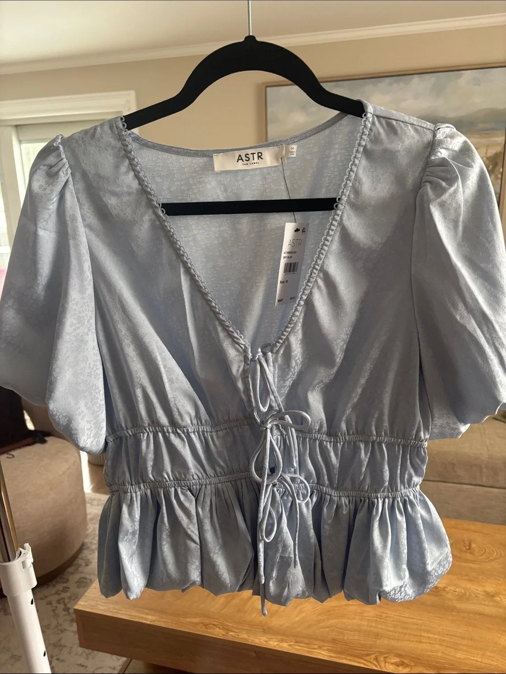 ASTR Pale Blue Tie-Front Peplum Blouse